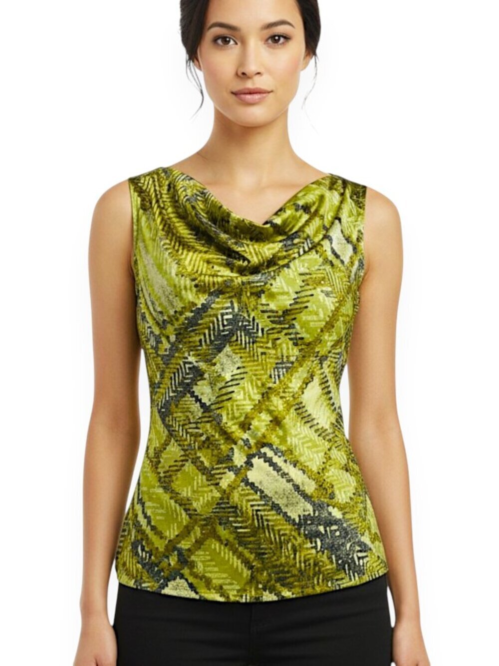 St. John Green Patterned Print Stretch Silk Sleeveless Drape Neck Top Blouse S